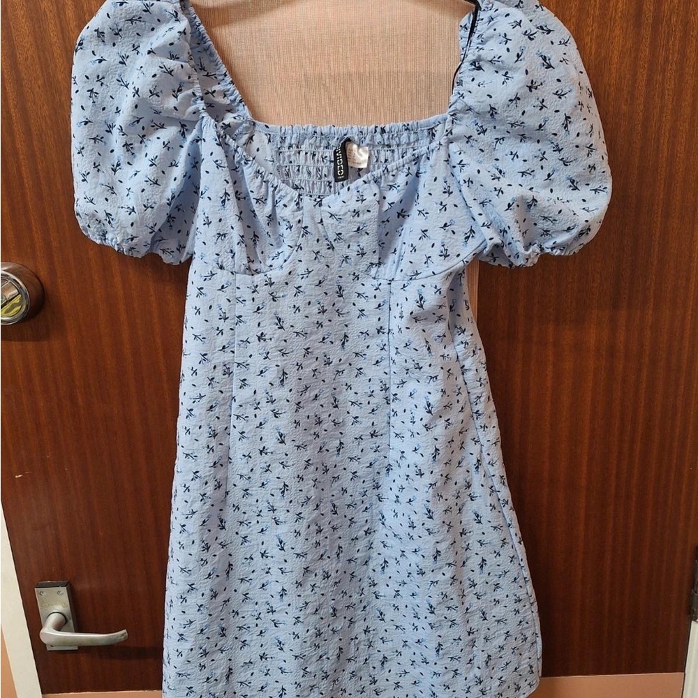 Blue Floral Puff Sleeve Dress